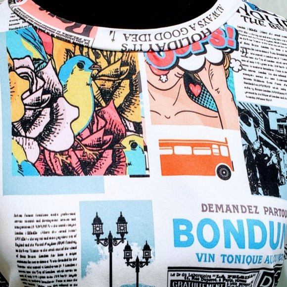⭐️Host Pick⭐️New Pop French Newspaper print fitted T-shirt Sizes M, L, XL - Picture 6 of 10